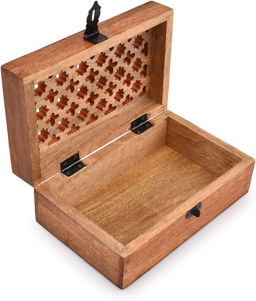 Carved Mango Wood Storage Box with Hinged Lid, 8 × 5 × 3 in